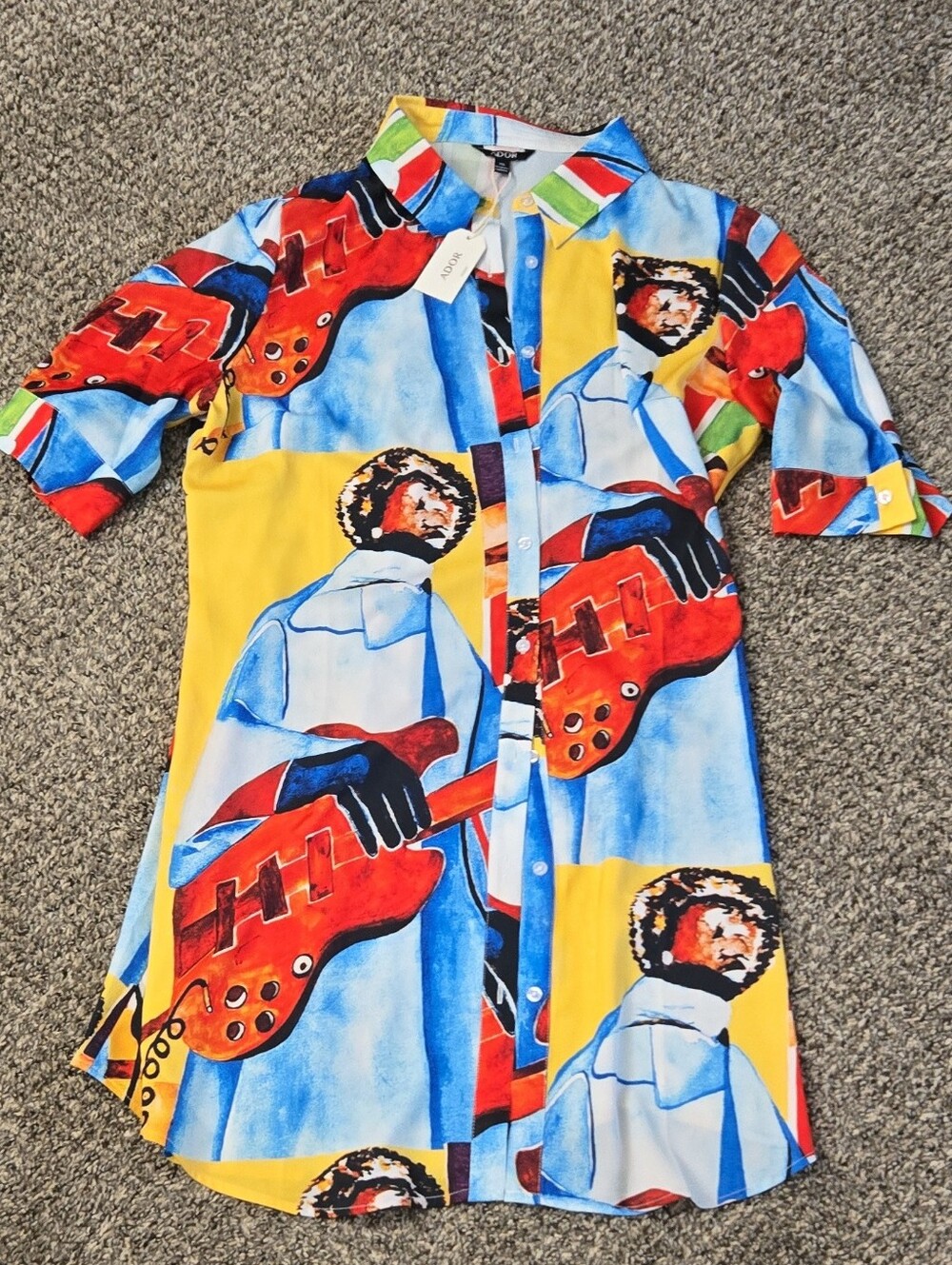 Ador Colorful, Silky, Above the Knee  Button-Up Dress - Red, Blue & Yellow